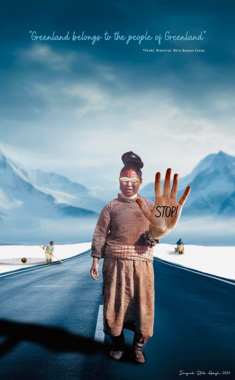 Fotocollage af Ivínguak’ Stork Høegh. Kvinde viser "Stop" til verden.