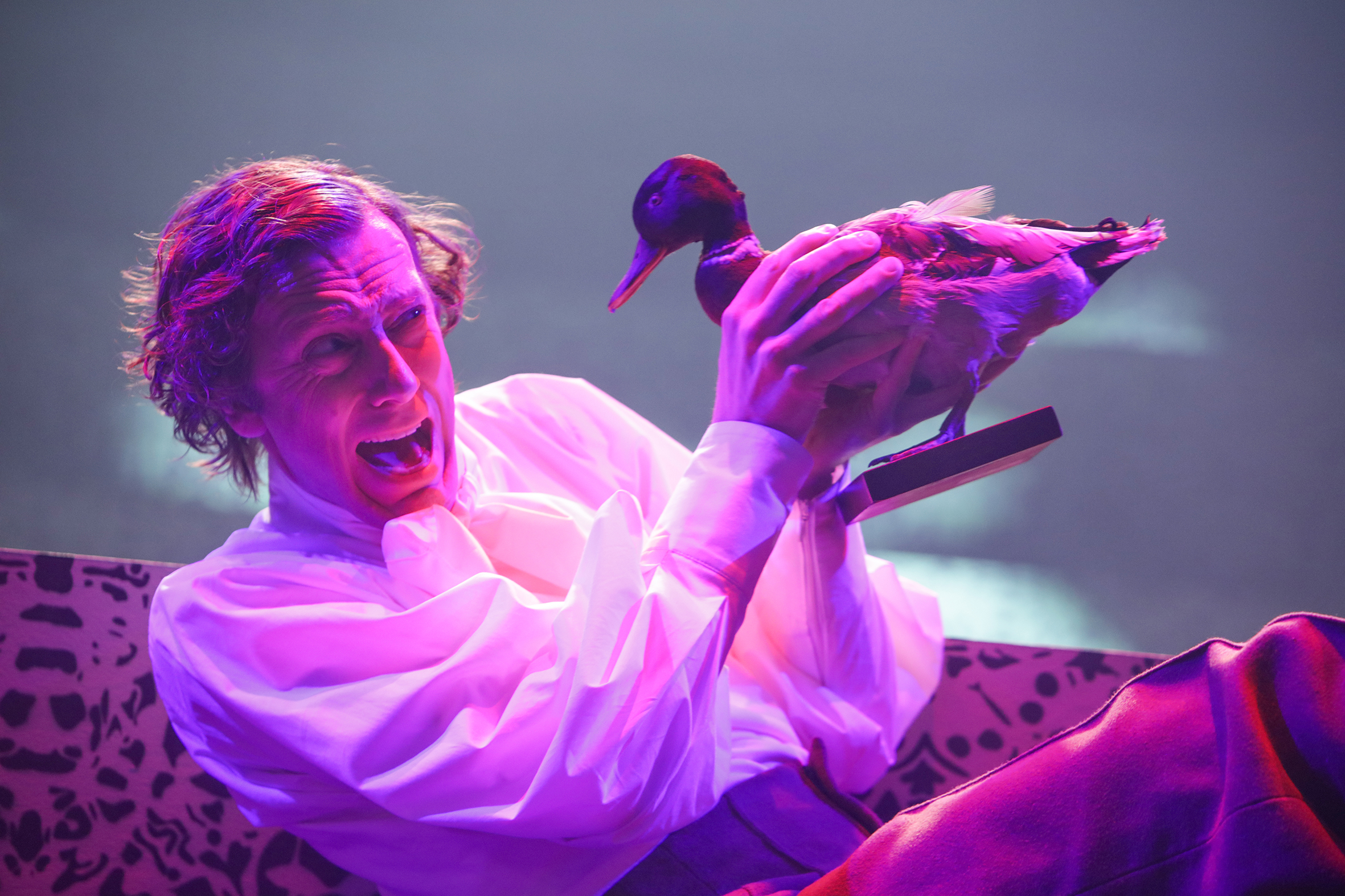 Pressebillede fra Sjællands Teater. H.C Andersen kæmper med en and.